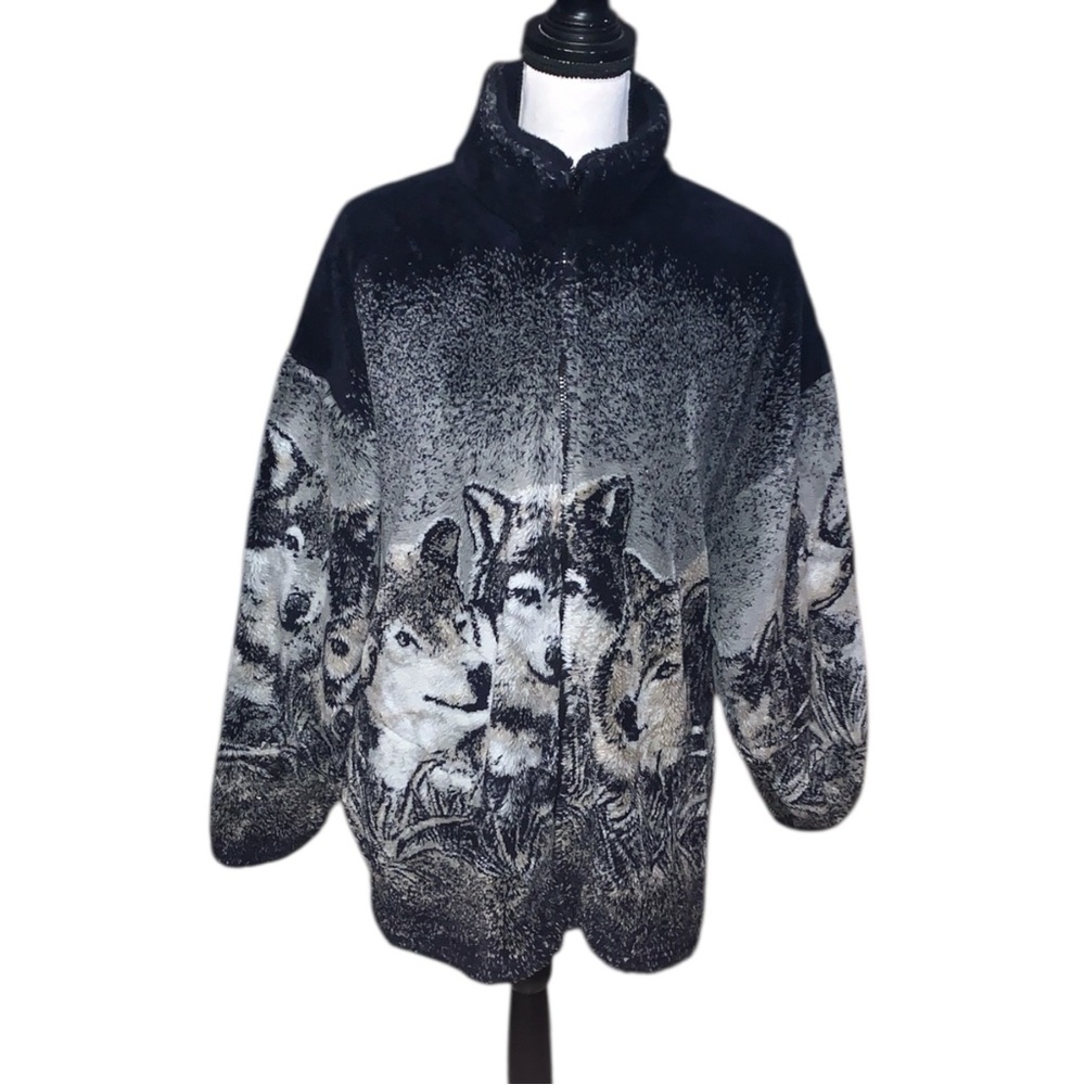 Vintage Nature Made In USA Wolf Fullzip Fleece Jacket Teddy Outdoor